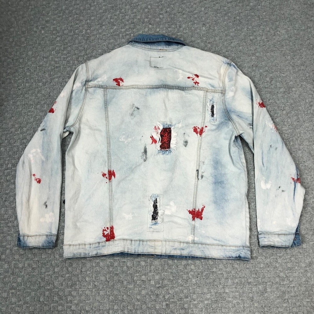 Encrypted Jacket Mens XL Light Wash Denim Distressed Paint Splatter Trucker Norm - Picture 2 of 14